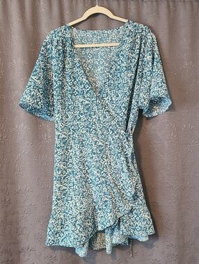 APRICOT Teal Blue Floral Wrap Mini Dress